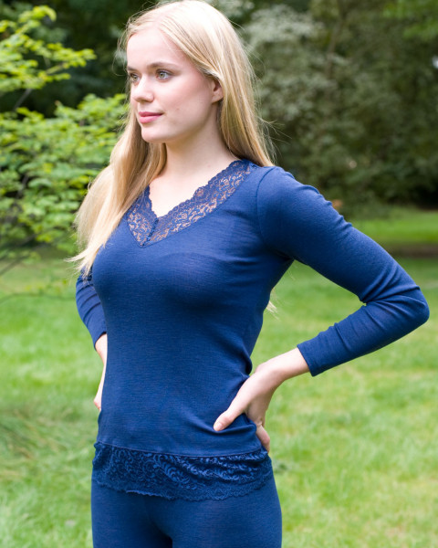 Engel, Damen Shirt langarm mit Spitze, Wolle (kbT), Seide